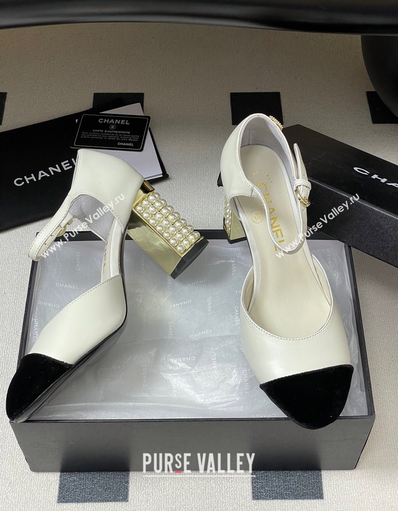 Chanel Lambskin Velvet Mary Janes Pumps 8cm with Pearls White 2025 CH090104 (MD-250901062)