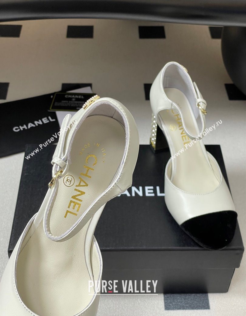 Chanel Lambskin Velvet Mary Janes Pumps 8cm with Pearls White 2025 CH090104 (MD-250901062)