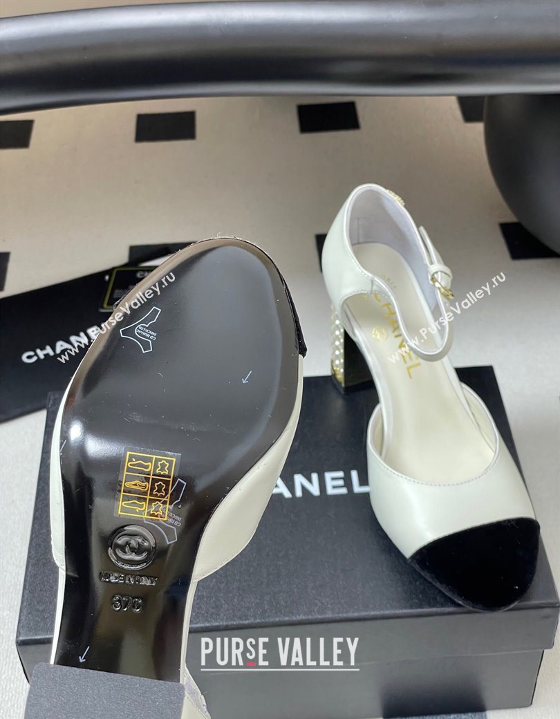 Chanel Lambskin Velvet Mary Janes Pumps 8cm with Pearls White 2025 CH090104 (MD-250901062)