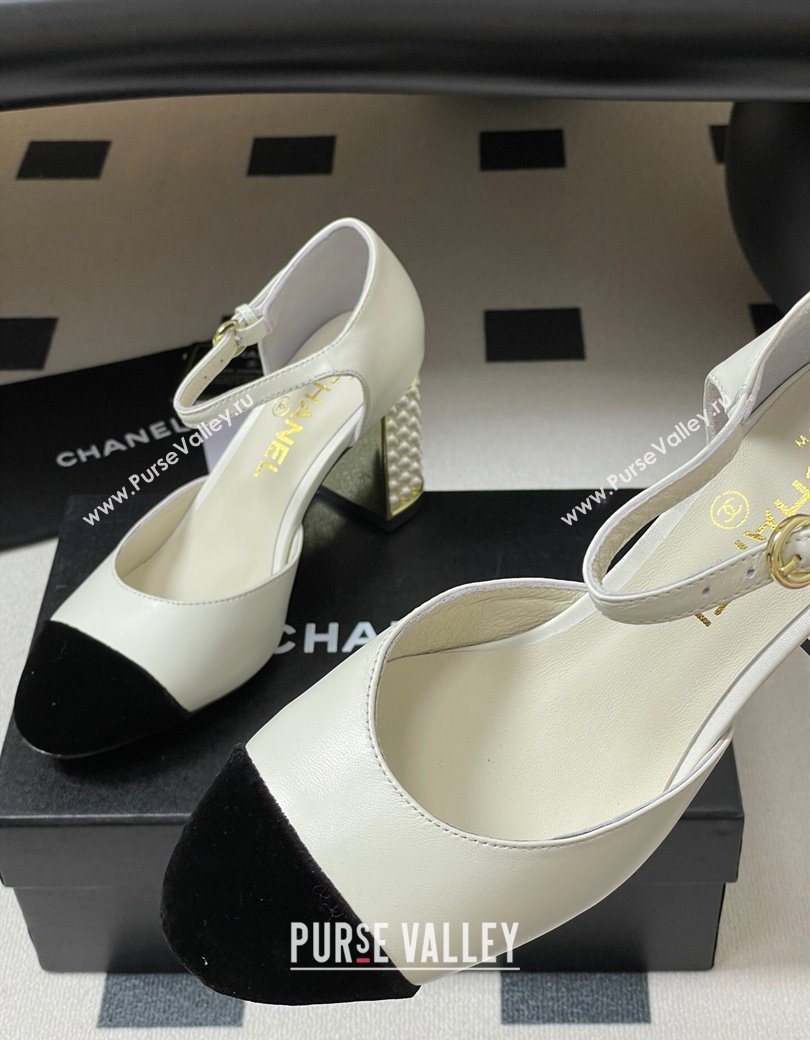 Chanel Lambskin Velvet Mary Janes Pumps 8cm with Pearls White 2025 CH090104 (MD-250901062)