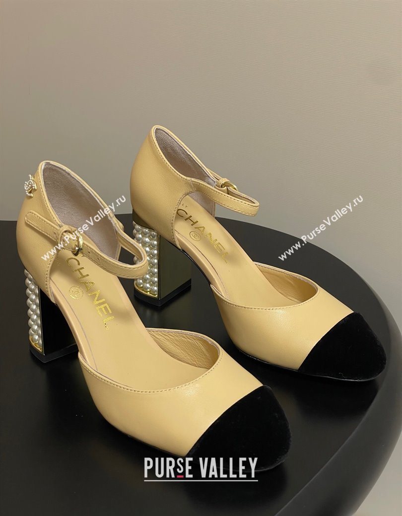 Chanel Lambskin Velvet Mary Janes Pumps 8cm with Pearls Beige Yellow 2025 CH090104 (MD-250901063)