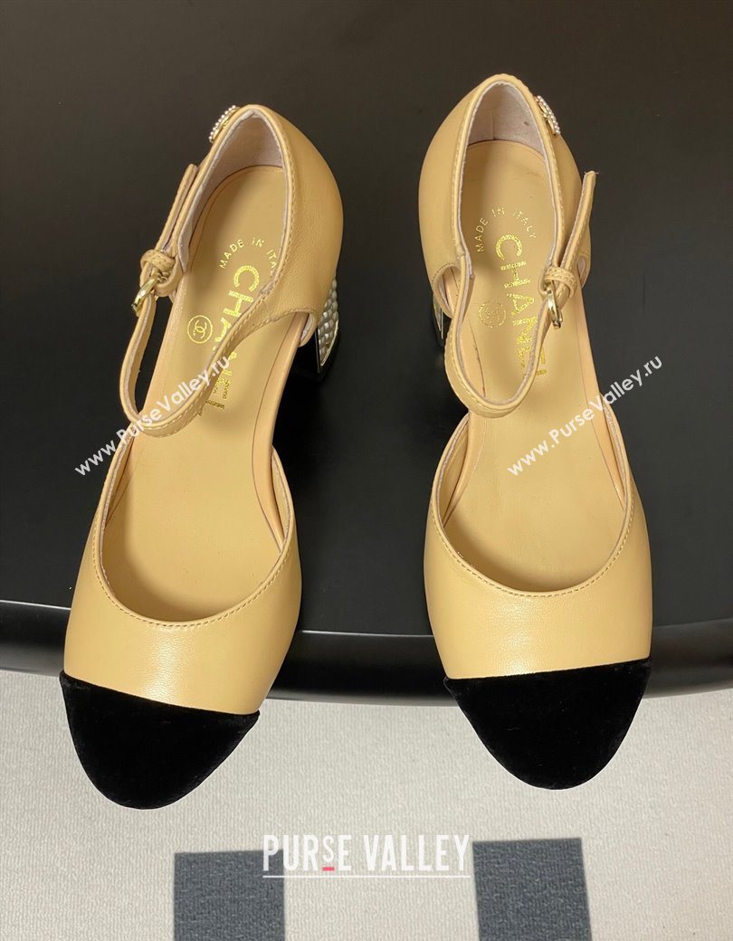 Chanel Lambskin Velvet Mary Janes Pumps 8cm with Pearls Beige Yellow 2025 CH090104 (MD-250901063)