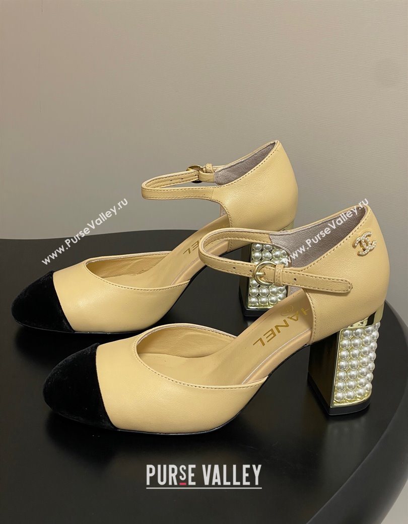 Chanel Lambskin Velvet Mary Janes Pumps 8cm with Pearls Beige Yellow 2025 CH090104 (MD-250901063)