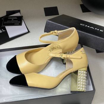 Chanel Lambskin Velvet Mary Janes Pumps 8cm with Pearls Beige Yellow 2025 CH090104 (MD-250901063)
