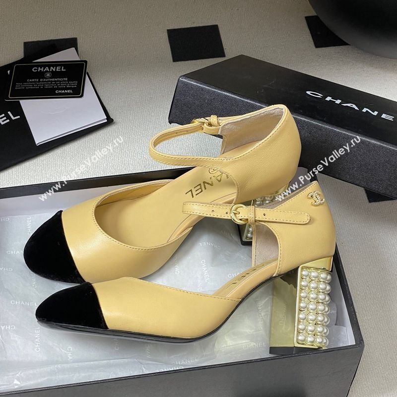 Chanel Lambskin Velvet Mary Janes Pumps 8cm with Pearls Beige Yellow 2025 CH090104 (MD-250901063)
