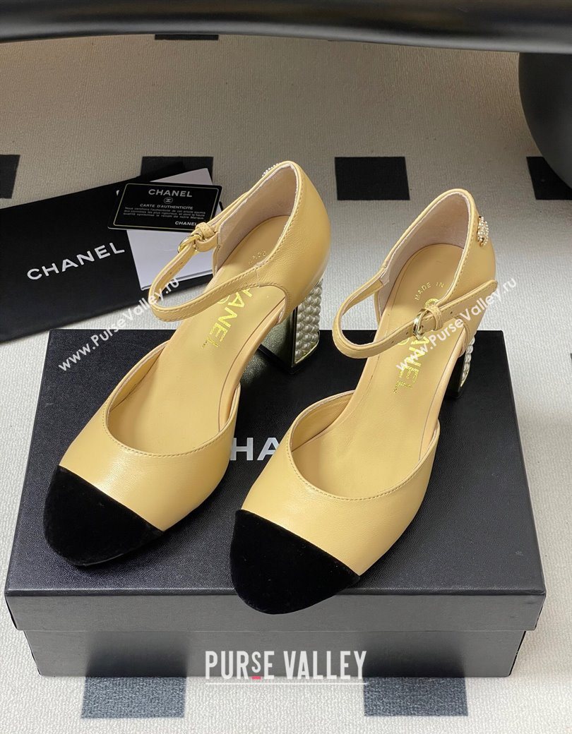 Chanel Lambskin Velvet Mary Janes Pumps 8cm with Pearls Beige Yellow 2025 CH090104 (MD-250901063)