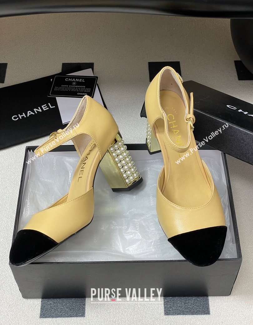 Chanel Lambskin Velvet Mary Janes Pumps 8cm with Pearls Beige Yellow 2025 CH090104 (MD-250901063)