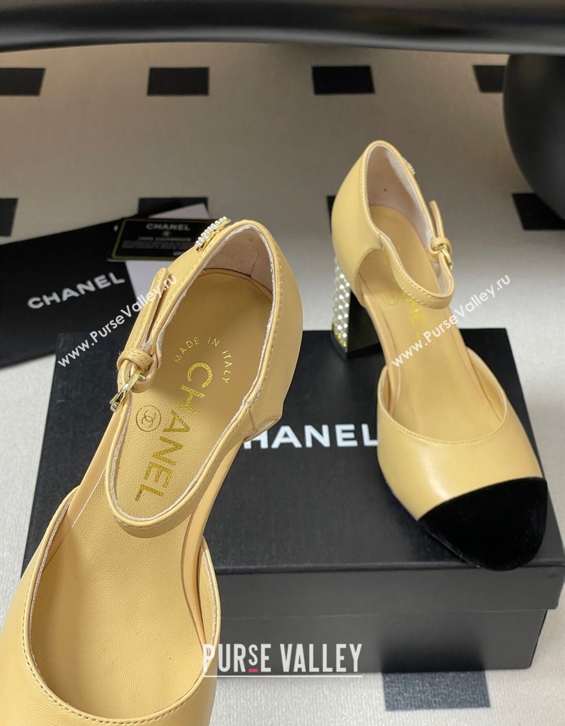 Chanel Lambskin Velvet Mary Janes Pumps 8cm with Pearls Beige Yellow 2025 CH090104 (MD-250901063)