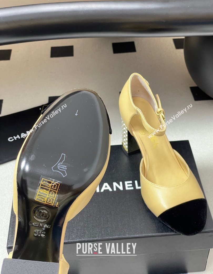Chanel Lambskin Velvet Mary Janes Pumps 8cm with Pearls Beige Yellow 2025 CH090104 (MD-250901063)