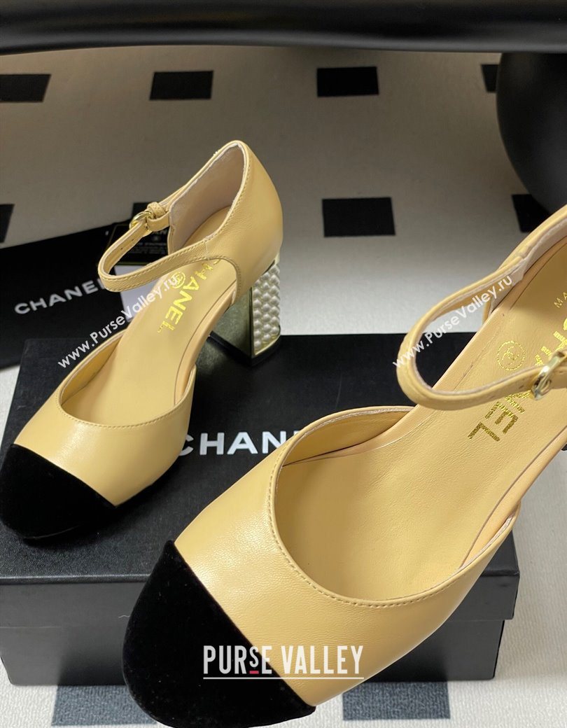 Chanel Lambskin Velvet Mary Janes Pumps 8cm with Pearls Beige Yellow 2025 CH090104 (MD-250901063)