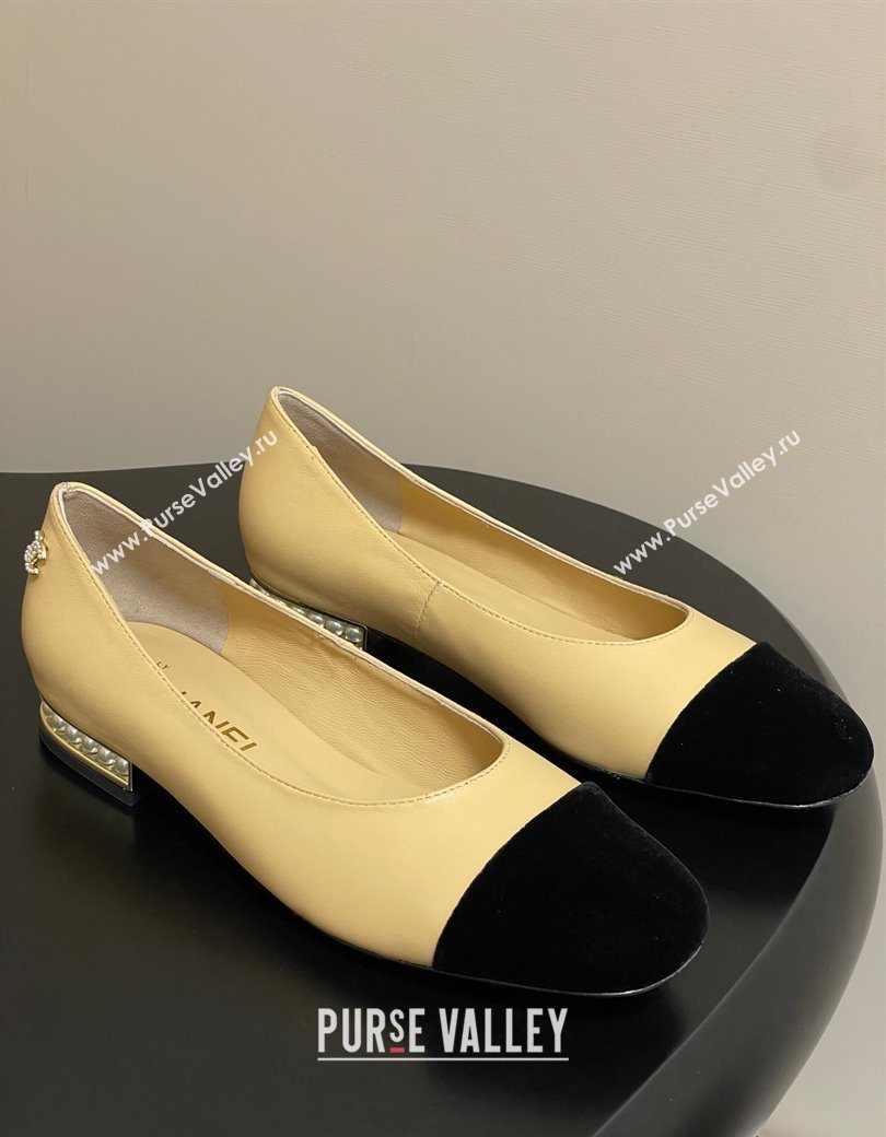 Chanel Lambskin Velvet Ballet Flats with Pearls Beige Yellow 2025 CH090104 (MD-250901070)