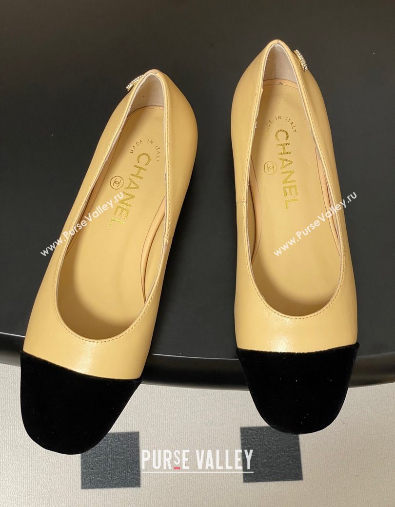Chanel Lambskin Velvet Ballet Flats with Pearls Beige Yellow 2025 CH090104 (MD-250901070)