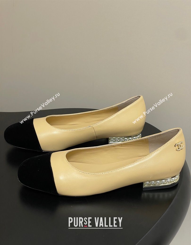 Chanel Lambskin Velvet Ballet Flats with Pearls Beige Yellow 2025 CH090104 (MD-250901070)