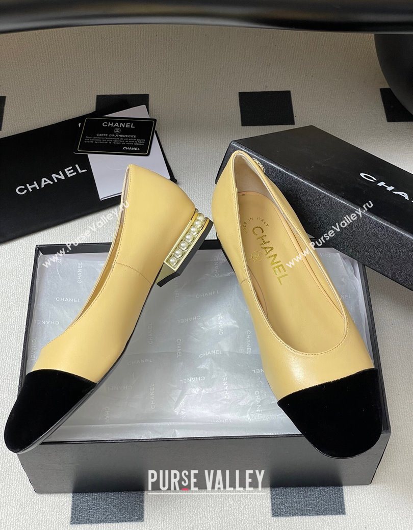 Chanel Lambskin Velvet Ballet Flats with Pearls Beige Yellow 2025 CH090104 (MD-250901070)