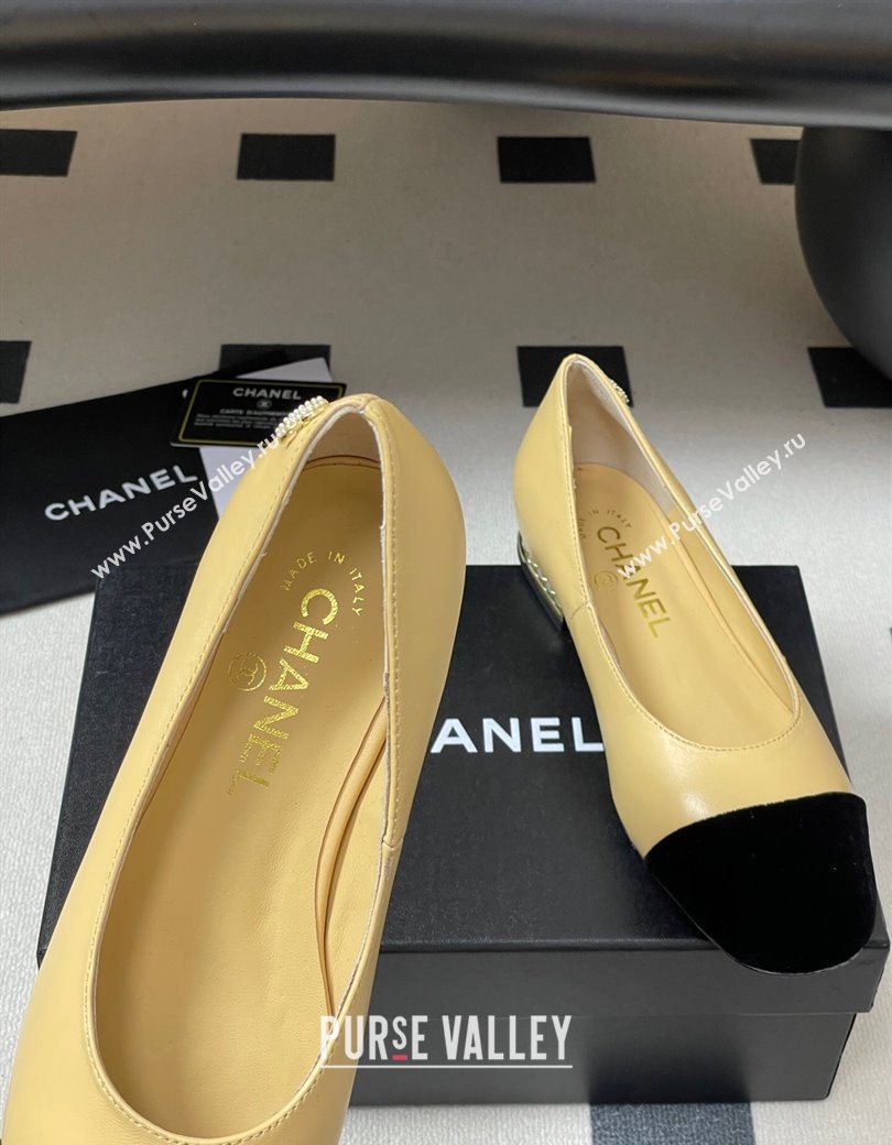 Chanel Lambskin Velvet Ballet Flats with Pearls Beige Yellow 2025 CH090104 (MD-250901070)