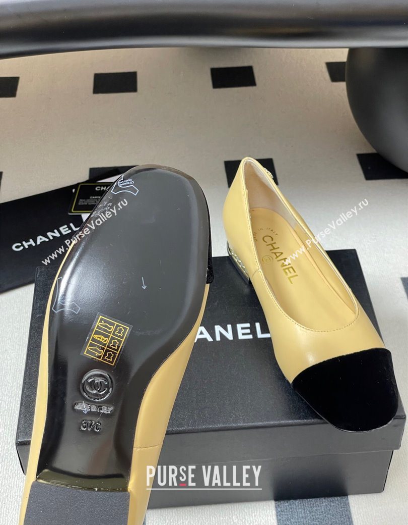Chanel Lambskin Velvet Ballet Flats with Pearls Beige Yellow 2025 CH090104 (MD-250901070)