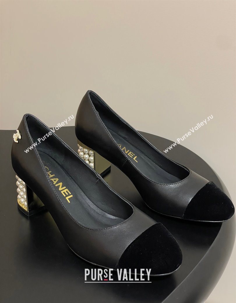 Chanel Lambskin Velvet Pumps 6cm with Pearls Black 2025 CH090104 (MD-250901071)