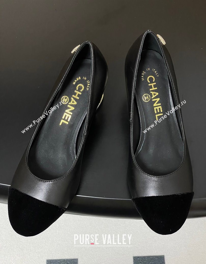 Chanel Lambskin Velvet Pumps 6cm with Pearls Black 2025 CH090104 (MD-250901071)