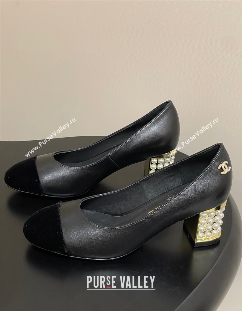 Chanel Lambskin Velvet Pumps 6cm with Pearls Black 2025 CH090104 (MD-250901071)
