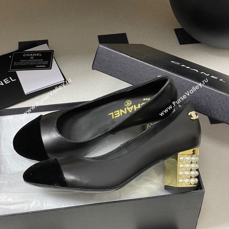 Chanel Lambskin Velvet Pumps 6cm with Pearls Black 2025 CH090104 (MD-250901071)