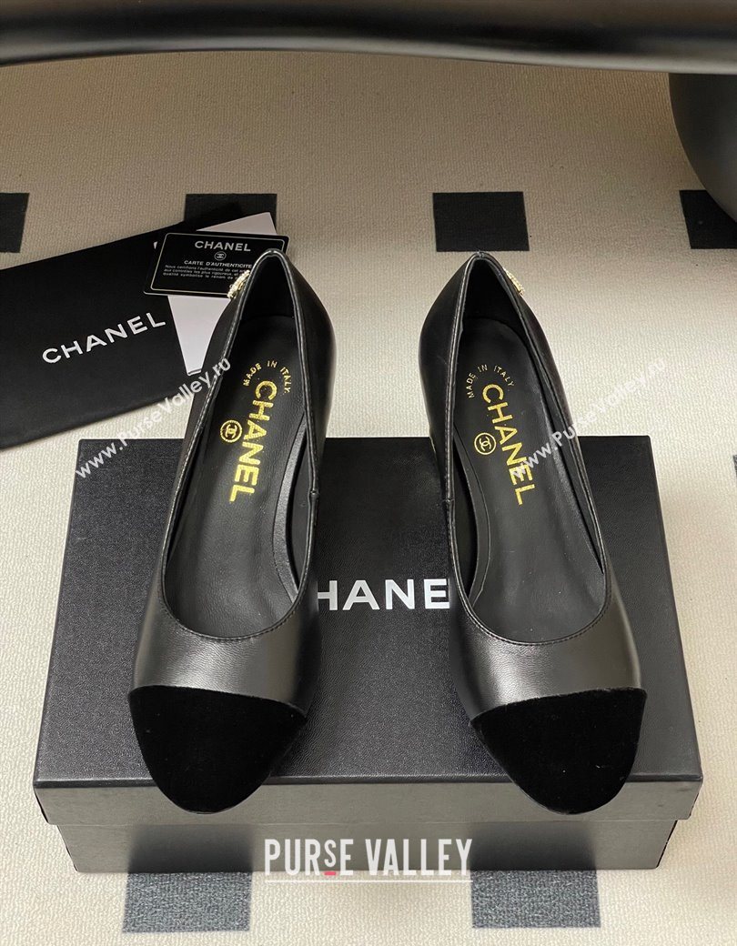 Chanel Lambskin Velvet Pumps 6cm with Pearls Black 2025 CH090104 (MD-250901071)