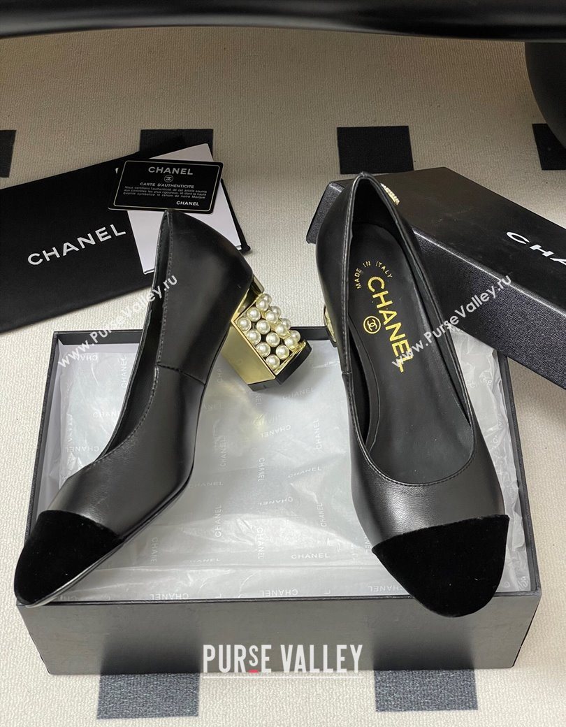 Chanel Lambskin Velvet Pumps 6cm with Pearls Black 2025 CH090104 (MD-250901071)