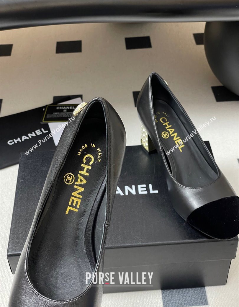 Chanel Lambskin Velvet Pumps 6cm with Pearls Black 2025 CH090104 (MD-250901071)
