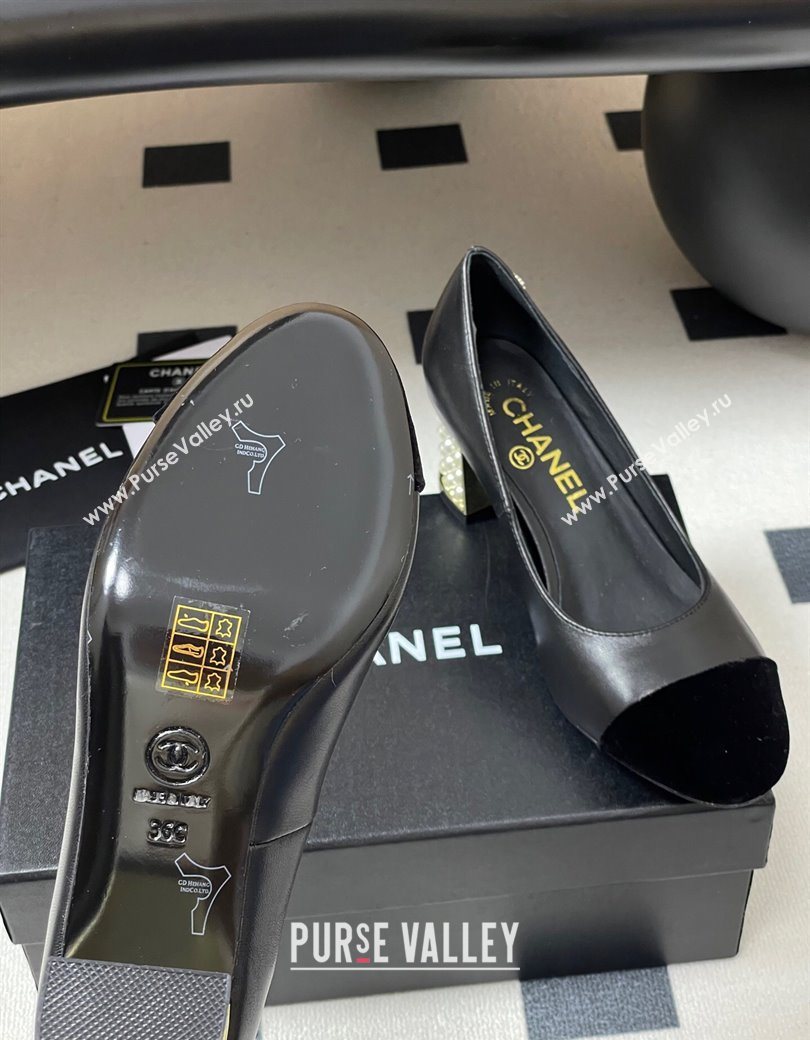Chanel Lambskin Velvet Pumps 6cm with Pearls Black 2025 CH090104 (MD-250901071)
