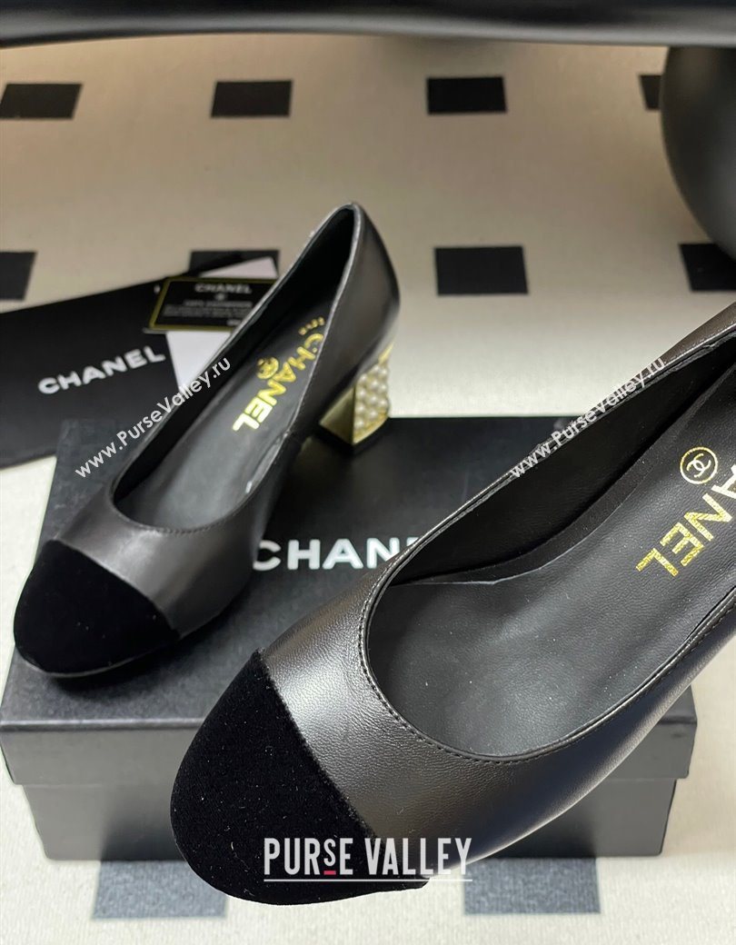 Chanel Lambskin Velvet Pumps 6cm with Pearls Black 2025 CH090104 (MD-250901071)