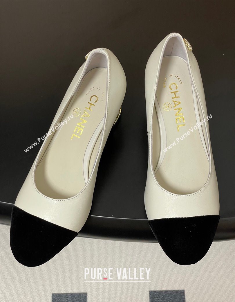 Chanel Lambskin Velvet Pumps 6cm with Pearls White 2025 CH090104 (MD-250901072)