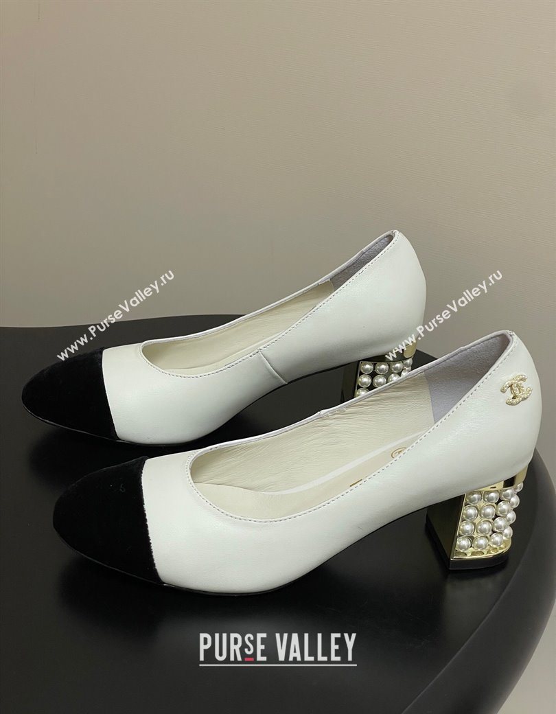 Chanel Lambskin Velvet Pumps 6cm with Pearls White 2025 CH090104 (MD-250901072)