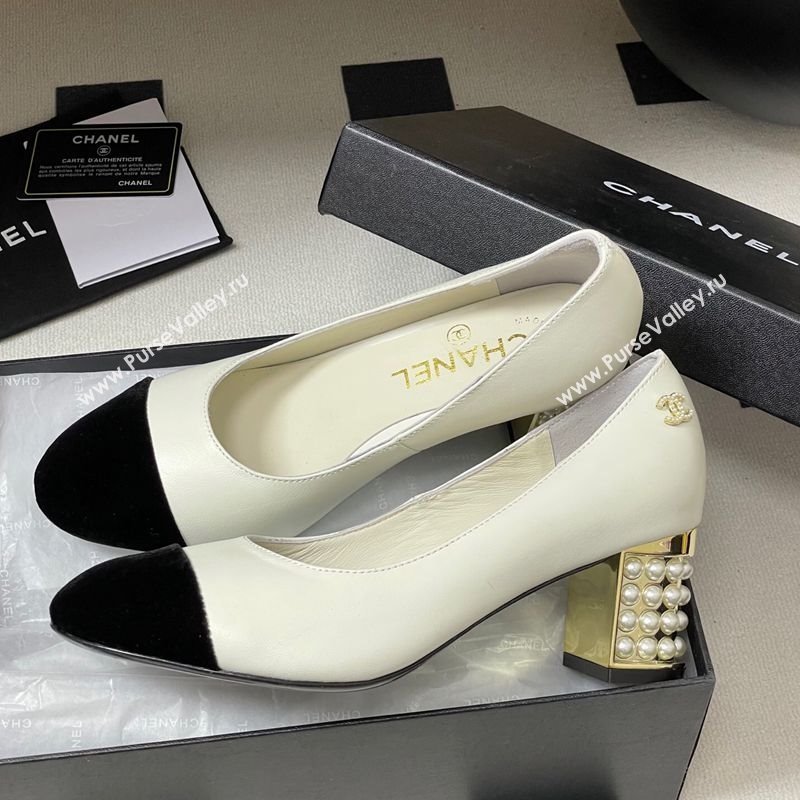 Chanel Lambskin Velvet Pumps 6cm with Pearls White 2025 CH090104 (MD-250901072)