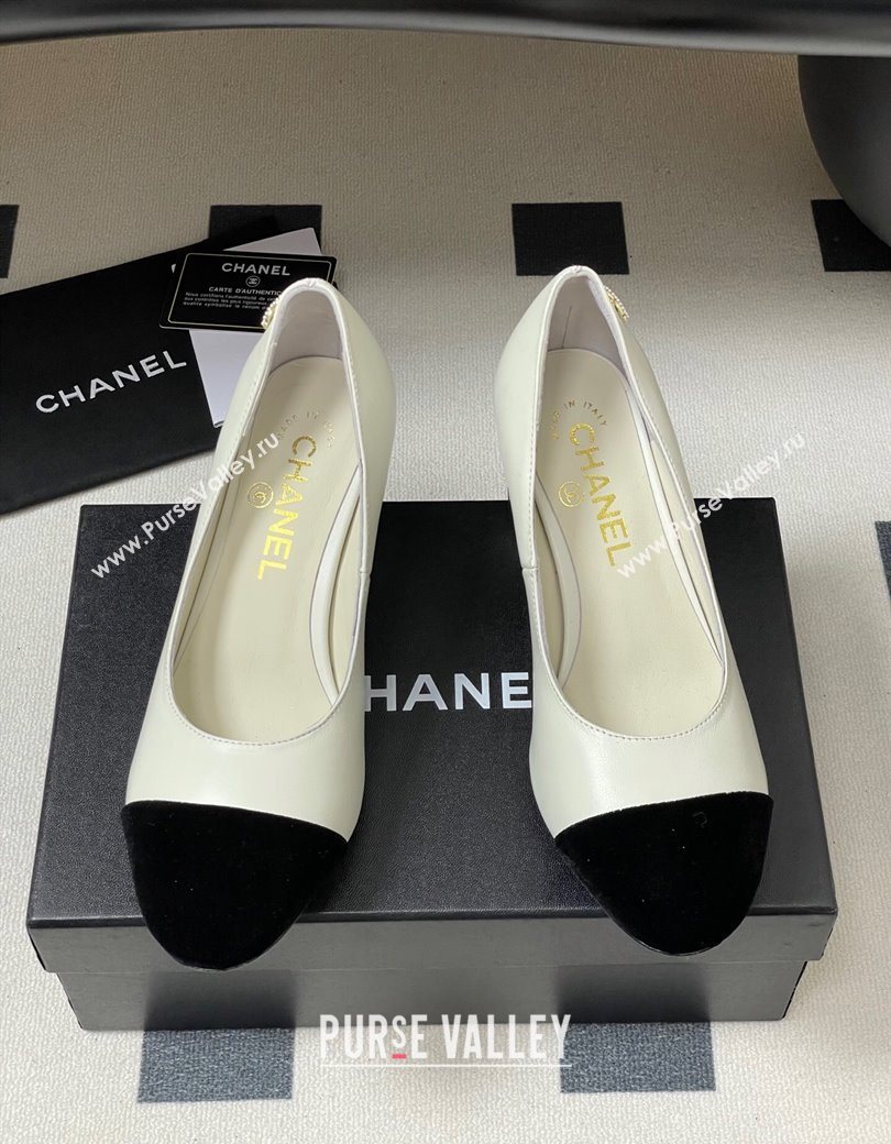 Chanel Lambskin Velvet Pumps 6cm with Pearls White 2025 CH090104 (MD-250901072)