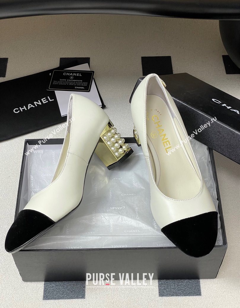 Chanel Lambskin Velvet Pumps 6cm with Pearls White 2025 CH090104 (MD-250901072)