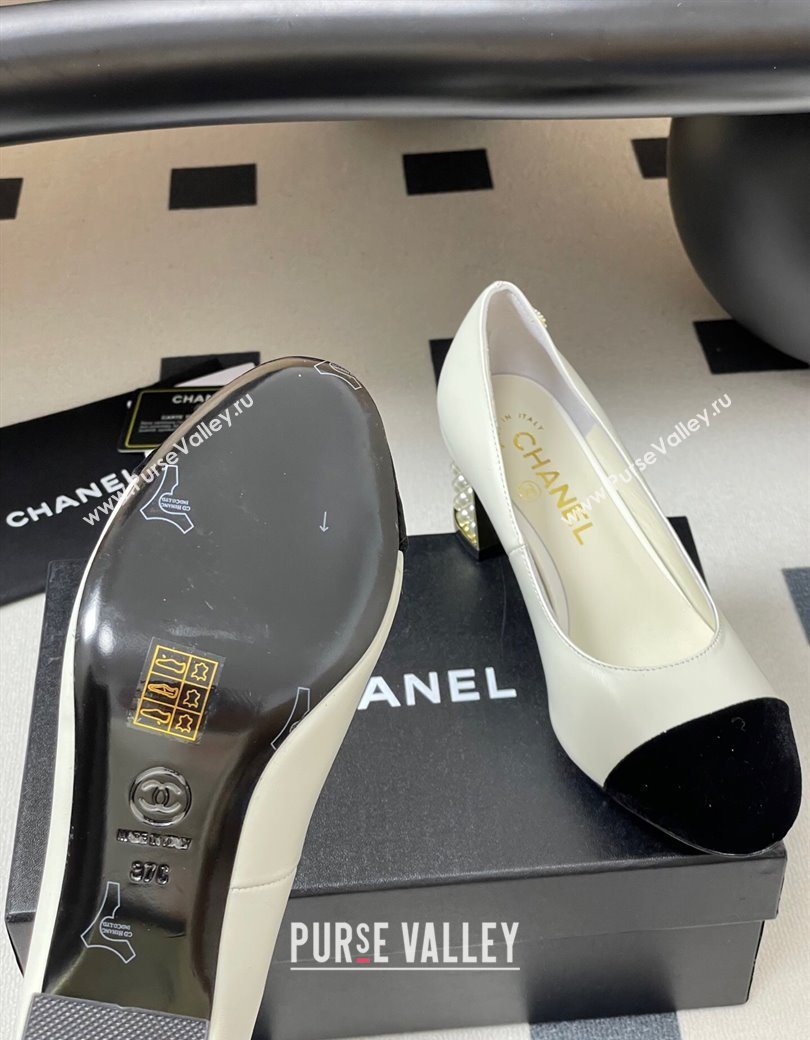 Chanel Lambskin Velvet Pumps 6cm with Pearls White 2025 CH090104 (MD-250901072)