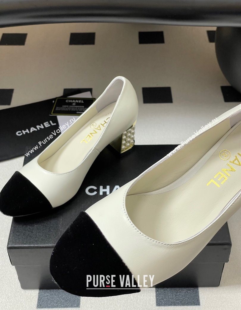 Chanel Lambskin Velvet Pumps 6cm with Pearls White 2025 CH090104 (MD-250901072)