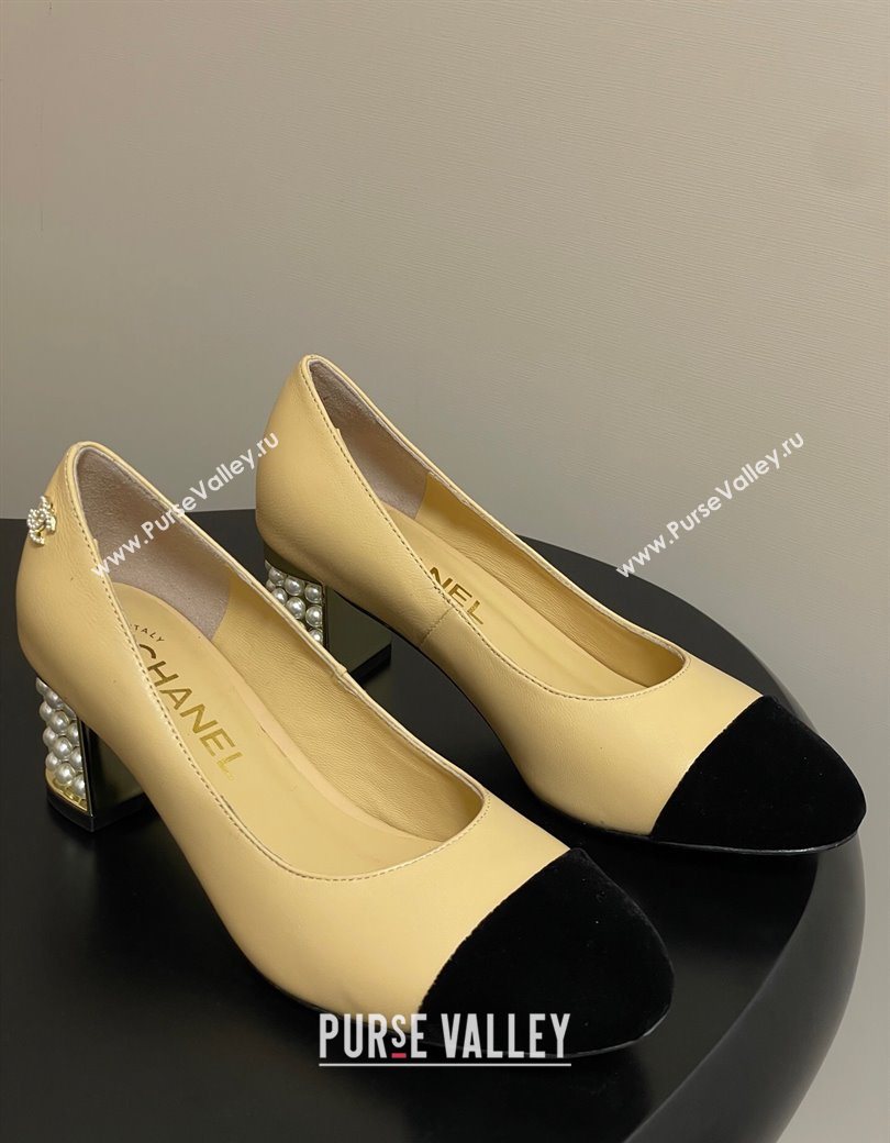 Chanel Lambskin Velvet Pumps 6cm with Pearls Beige Yellow 2025 CH090104 (MD-250901073)