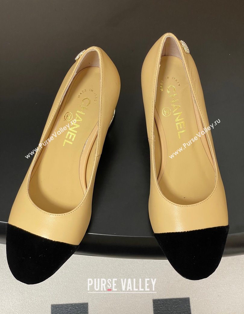 Chanel Lambskin Velvet Pumps 6cm with Pearls Beige Yellow 2025 CH090104 (MD-250901073)