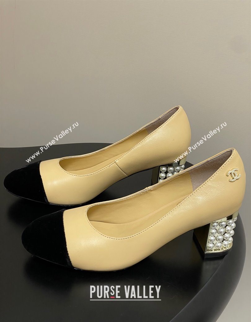 Chanel Lambskin Velvet Pumps 6cm with Pearls Beige Yellow 2025 CH090104 (MD-250901073)