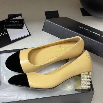 Chanel Lambskin Velvet Pumps 6cm with Pearls Beige Yellow 2025 CH090104 (MD-250901073)