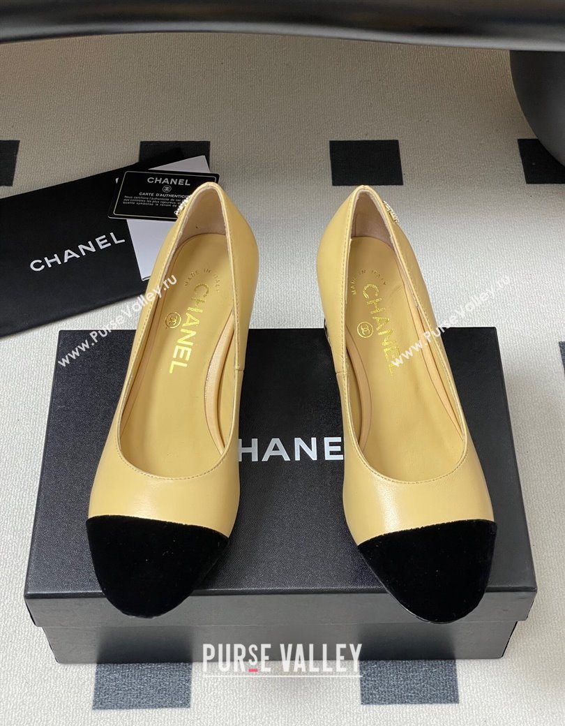 Chanel Lambskin Velvet Pumps 6cm with Pearls Beige Yellow 2025 CH090104 (MD-250901073)