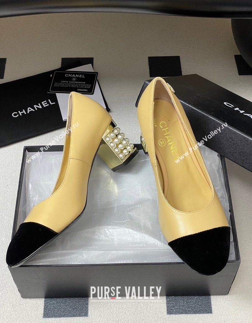 Chanel Lambskin Velvet Pumps 6cm with Pearls Beige Yellow 2025 CH090104 (MD-250901073)