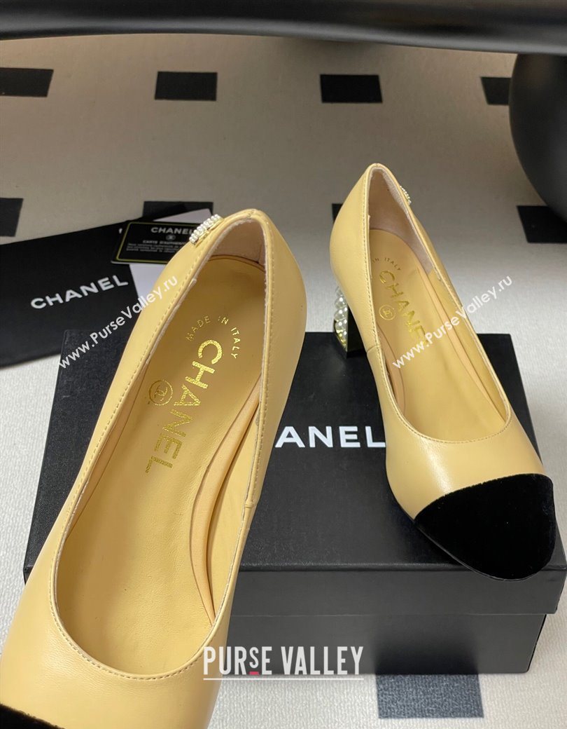 Chanel Lambskin Velvet Pumps 6cm with Pearls Beige Yellow 2025 CH090104 (MD-250901073)