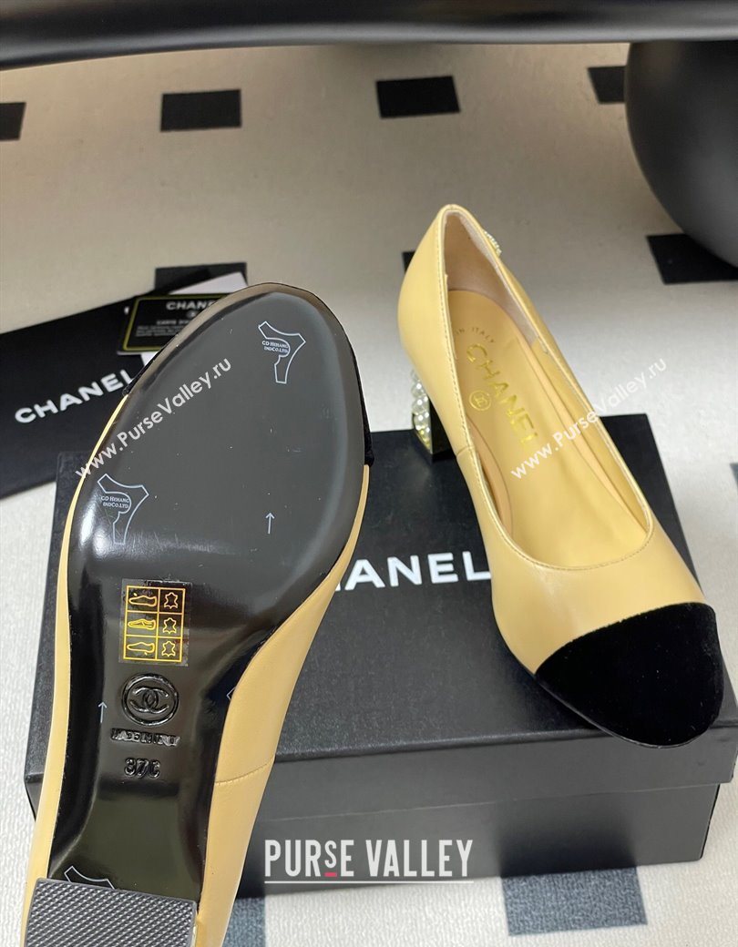 Chanel Lambskin Velvet Pumps 6cm with Pearls Beige Yellow 2025 CH090104 (MD-250901073)