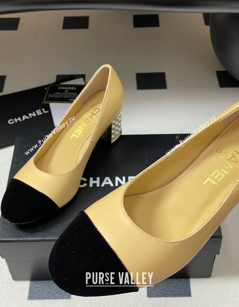 Chanel Lambskin Velvet Pumps 6cm with Pearls Beige Yellow 2025 CH090104 (MD-250901073)