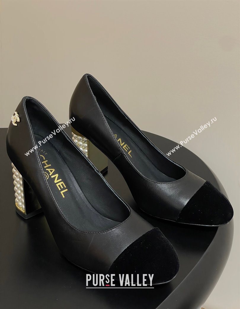 Chanel Lambskin Velvet Pumps 8cm with Pearls Black 2025 CH090104 (MD-250901074)