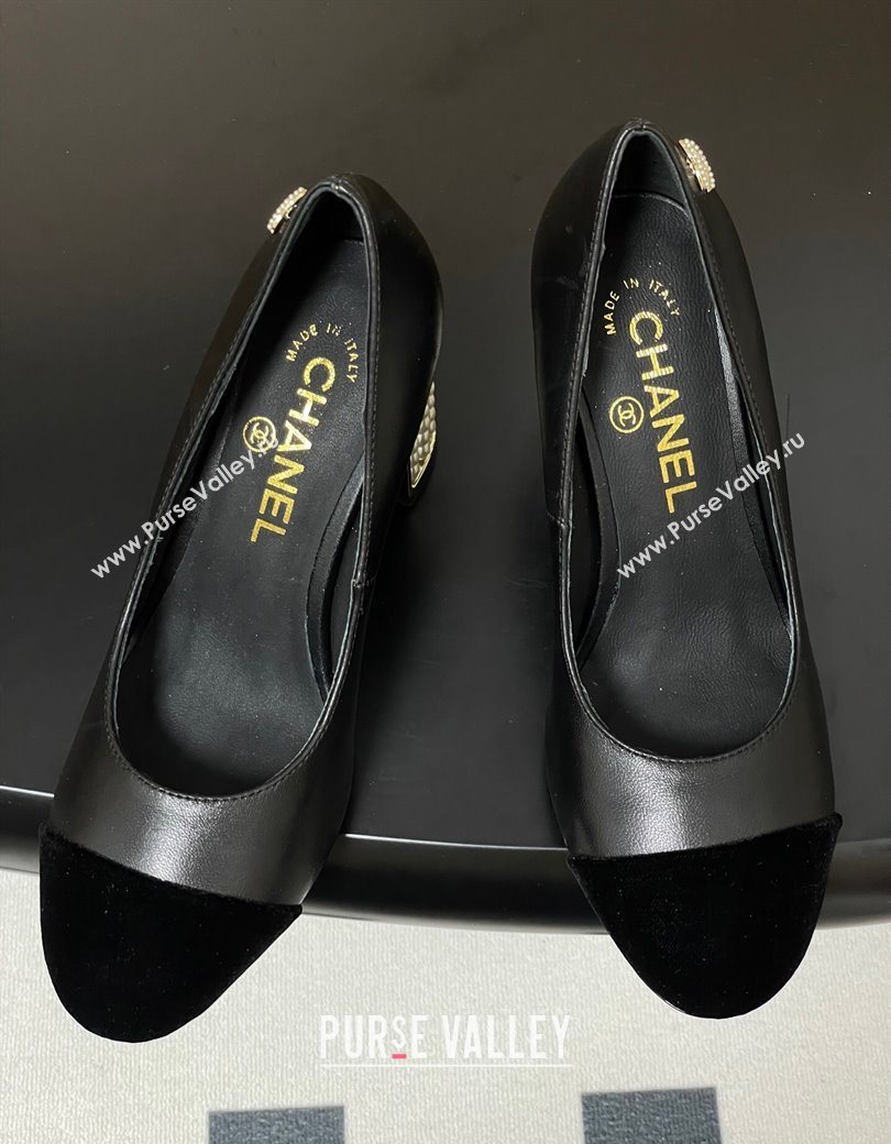 Chanel Lambskin Velvet Pumps 8cm with Pearls Black 2025 CH090104 (MD-250901074)