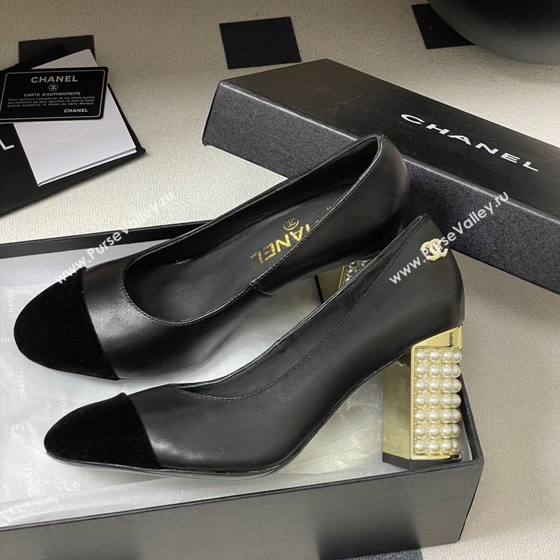 Chanel Lambskin Velvet Pumps 8cm with Pearls Black 2025 CH090104 (MD-250901074)