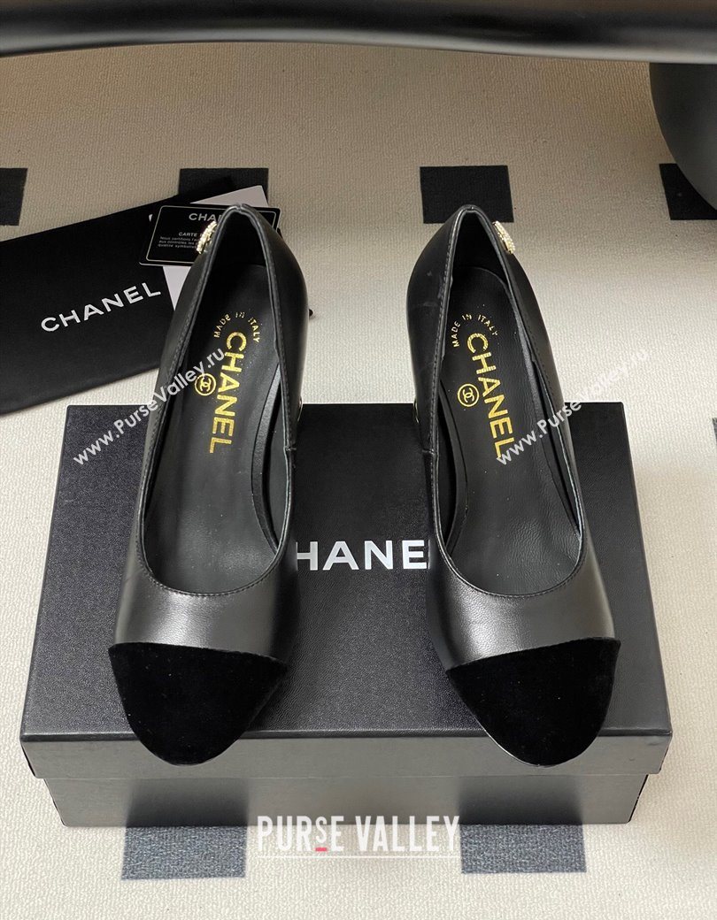 Chanel Lambskin Velvet Pumps 8cm with Pearls Black 2025 CH090104 (MD-250901074)