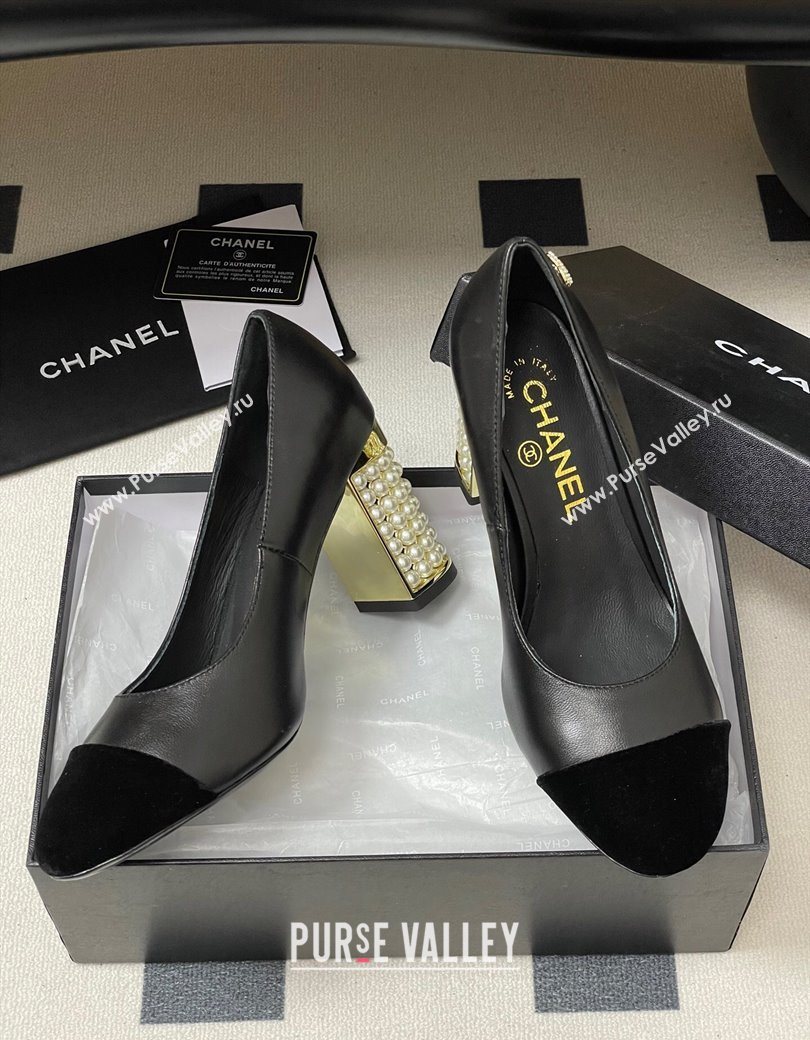 Chanel Lambskin Velvet Pumps 8cm with Pearls Black 2025 CH090104 (MD-250901074)